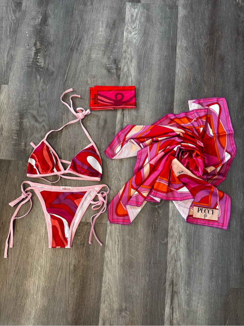 Emilio Pucci Pink Red Orange Swirl Triangle Bikini with Matching Scarf
